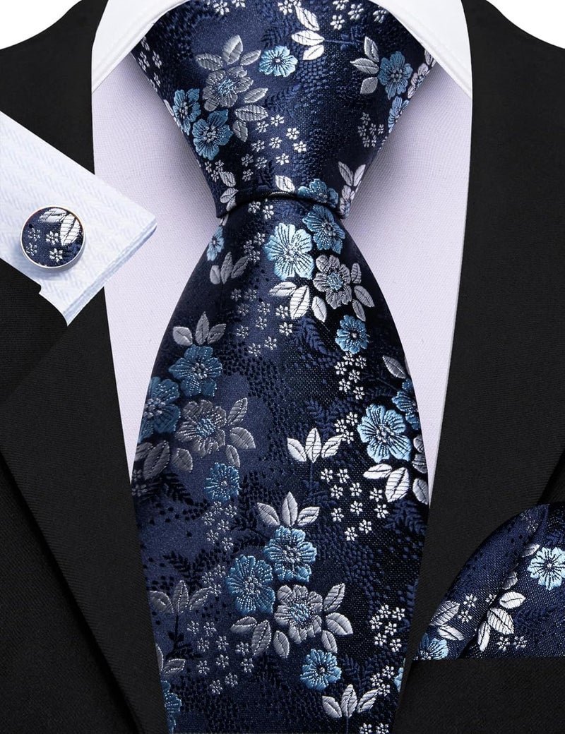 Barry.Wang Store Flower Ties for Men Handkerchief Cufflinks Set Wedding Necktie Set Party - Image 3
